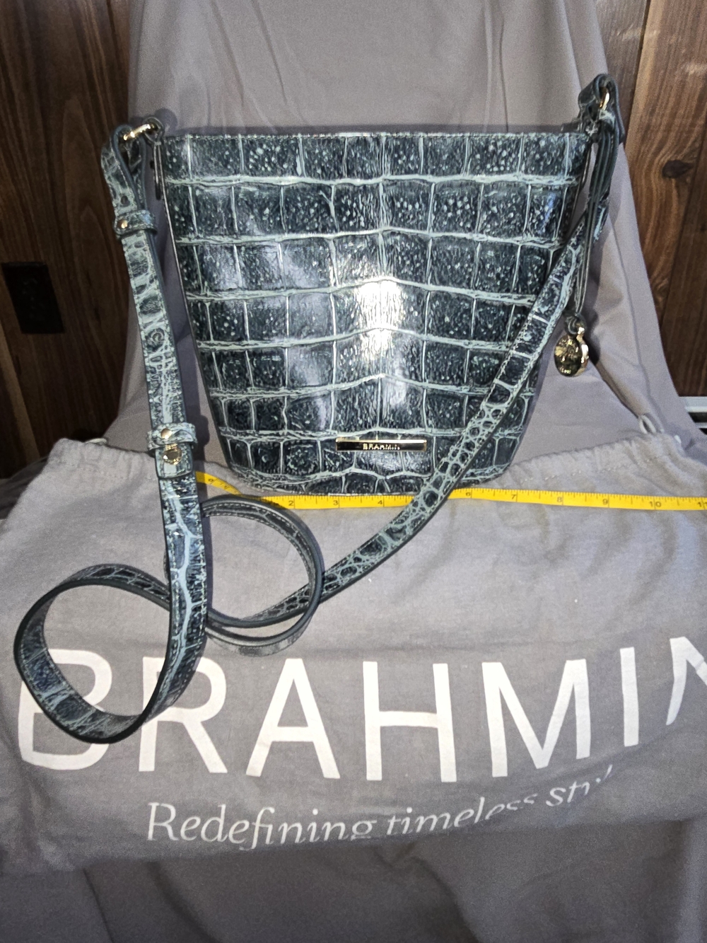 Brahmin Teal Croc-Embossed Leather Bucket Bag